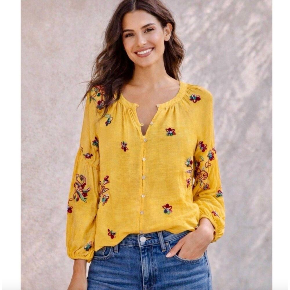 Anthropologie Fig & Flower Yellow Floral Embroidered Peasant Blouse, Size XL